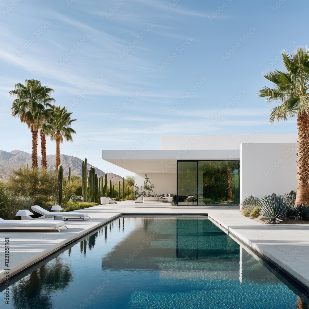A minimalist villa with sleek design, a tranquil outdoor pool, and palm trees, evoking a serene and peaceful escape ideal for modern living enthusiasts.