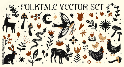 Abstract woodland folk tale animals, flowers and forest plants vector elements. Scandi ethnic vintage illustrations of bird, elk, deer, hare, rabbit, snake, leaf branches silhouette stickers design