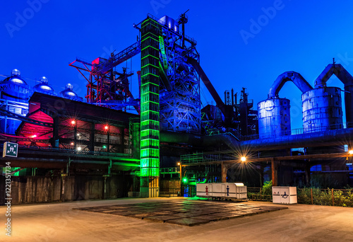 Illuminated part of the ruin of steelmill in the Landschaftspark Duisburg-Nord