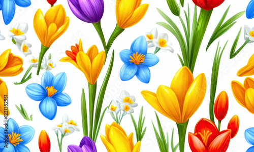 Vibrant spring flowers in a colorful garden arrangement showcasing blooming crocuses and daisies