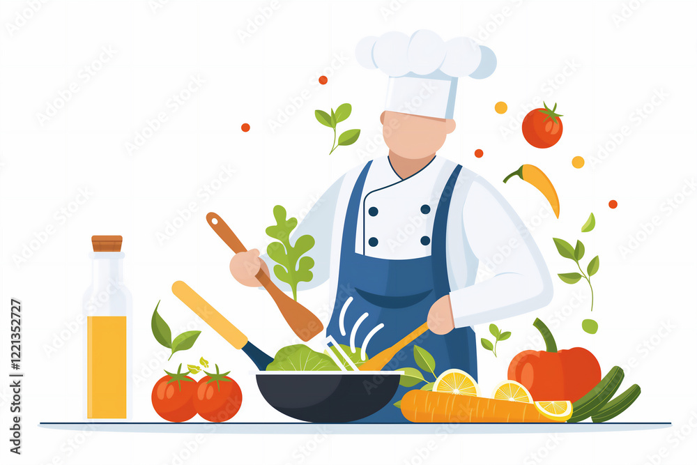 Illustration of Chef in uniform cooking fresh vegetables in a pan with tomatoes, carrots, bell pepper, lemon slices, and greens in a flat design style Illustration of Chef in uniform cooking fresh vegetables in a pan with tomatoes, carrots, bell pepper, lemon slices, and greens in a flat design style
