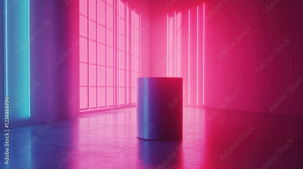 Neon Lights Illuminate Cylindrical Display Platform Neon Lights Illuminate Cylindrical Display Platform