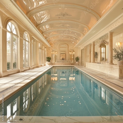 An indoor pool characterized by opulent classical design, complete with ornate arches and reflective water, bathed in warm lighting and luxurious marble finishing.