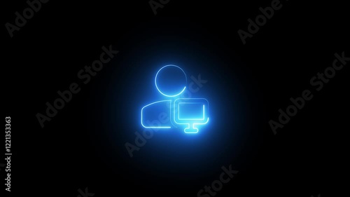 Glowing colorful neon computer icon isolated on black background computer monitor for work 4K video animation for motion graphics .