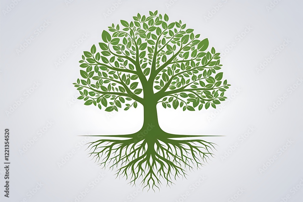 Lush Green Tree with Extensive Roots, Natures Symbolism Lush Green Tree with Extensive Roots, Natures Symbolism