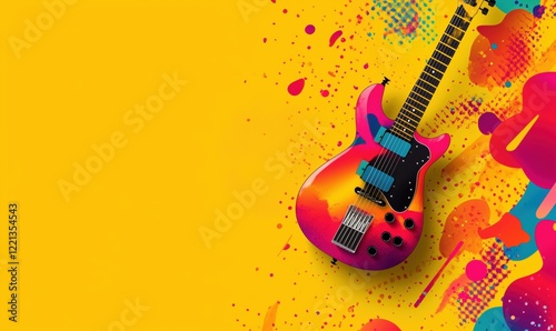 Colorful electric guitar with vibrant splashes and patterns on yellow background, showcasing artistic design and musical creativity