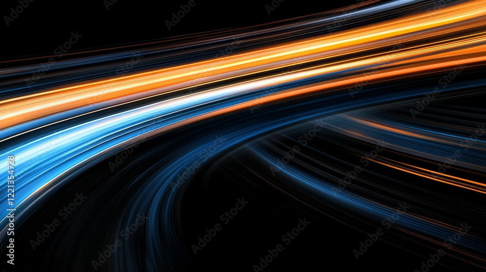 An abstract background featuring shimmering horizontal lines, blurring motion effects, and gradient light streaks in shades of blue and orange on black An abstract background featuring shimmering horizontal lines, blurring motion effects, and gradient light streaks in shades of blue and orange on black