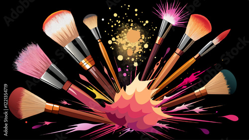 Make up cosmetic brushes with powder blush explosion on black background. Skin care or fashion concept. Free space for your text