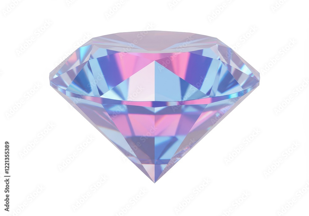 A 3D holographic diamond with a prismatic surface that reflects vibrant colors including blue, pink and purple isolated on white background A 3D holographic diamond with a prismatic surface that reflects vibrant colors including blue, pink and purple isolated on white background