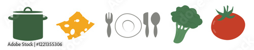 Set of food and dishes in flat style. Pot, knife, fork, spoon, tomato, cheese, broccoli