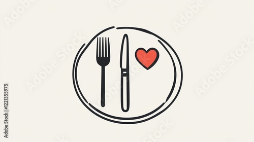 Plate, fork, knife, heart, food, love, dining, simple illustration, menu design