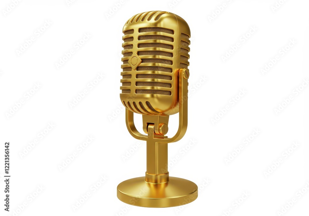 Fototapeta premium A 3D gold microphone with a shiny metallic finish isolated on white background