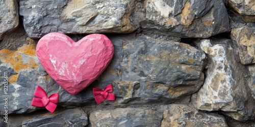 Pink heart stone decoration against textured stone wall with red bows, perfect for romantic themes and creative backgrounds photo