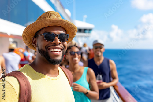 African American man enjoying a cruise vacation, wearing a straw hat, sunglasses, and a backpack, standing on the deck with friends socializing in the background against the ocean and cruise ship