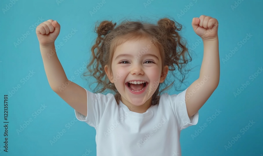 Joyful child celebrating with raised arms, bright smile, curly hair, white t-shirt, blue background, happiness, innocence, childhood Joyful child celebrating with raised arms, bright smile, curly hair, white t-shirt, blue background, happiness, innocence, childhood