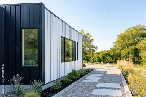 A modular home with clean black and white exterior panels, straight lines, and a gravel walkway