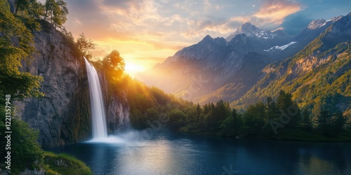 Breathtaking waterfall cascading into serene lake surrounded by majestic mountains and lush greenery at sunset