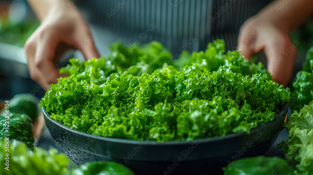 Fresh green lettuce in a bowl, being prepared in a kitchen for a healthy meal Fresh green lettuce in a bowl, being prepared in a kitchen for a healthy meal