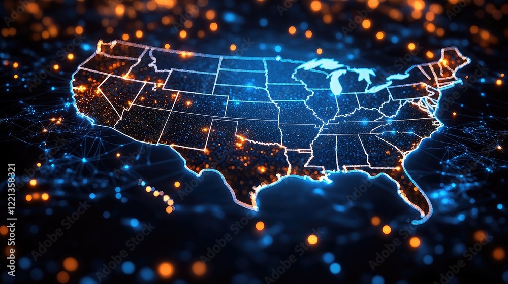 Obraz premium A glowing, digital representation of the United States map,