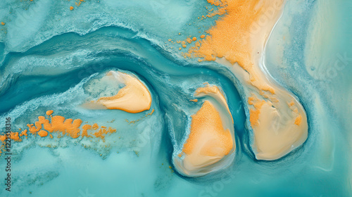 top-down shot of a sandbar connecting two islands, surrounded by turquoise water 