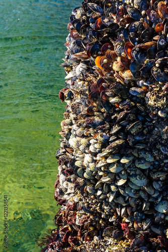 Strong water surge in the Black Sea, coastal mussels - Mytilus galloprovincialis were above the water level, the death of mollusks in the air photo