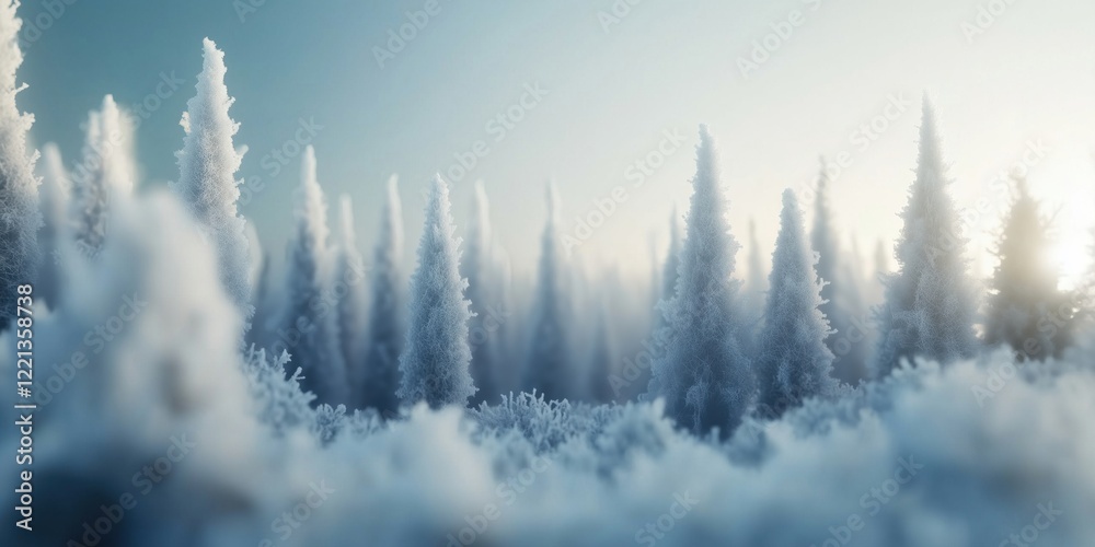 Frosty winter forest landscape with snow-covered trees and soft sunlight illuminating the scene Frosty winter forest landscape with snow-covered trees and soft sunlight illuminating the scene