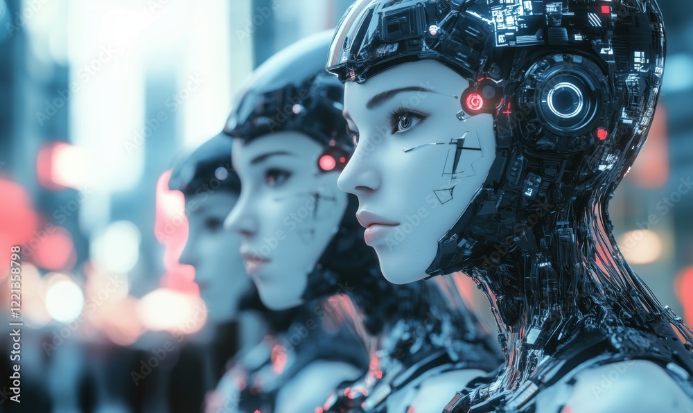 Futuristic humanoid robots lined up in urban setting, showcasing advanced technology and intricate designs, illuminated by neon lights Futuristic humanoid robots lined up in urban setting, showcasing advanced technology and intricate designs, illuminated by neon lights