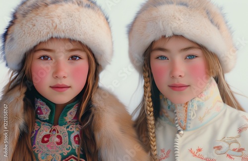 Two young girls wearing traditional winter clothes are posing together in a snowy landscape