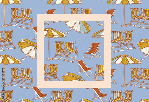 Beach chairs and sun umbrellas. Summer resort seamless pattern. Blue beach hand drawn sea holiday illustration.