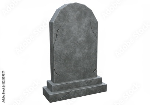 A 3D gray tombstone with a rectangular body and a slightly arched top isolated on white background photo