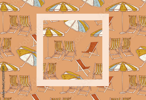 Beach chair and sun umbrella. Orange summer resort seamless pattern. Beach hand drawn sea holiday illustration