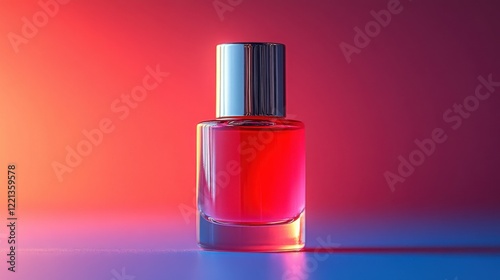 Elegant Glass Bottle with Vibrant Red Liquid on Colorful Background