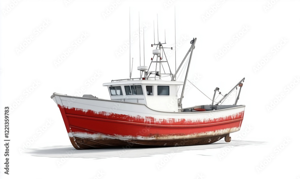 Fishing boat with red hull and white superstructure, detailed design showcasing weathered paint and fishing equipment Fishing boat with red hull and white superstructure, detailed design showcasing weathered paint and fishing equipment