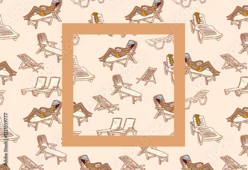 A woman in a hat sleep on a white beach lounger. Summer resort seamless pattern. Hand drawn beach illustration of people on a seaside vacation.