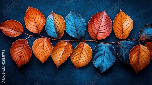 Autumn branch, vibrant leaves, dark blue background, flat lay, design