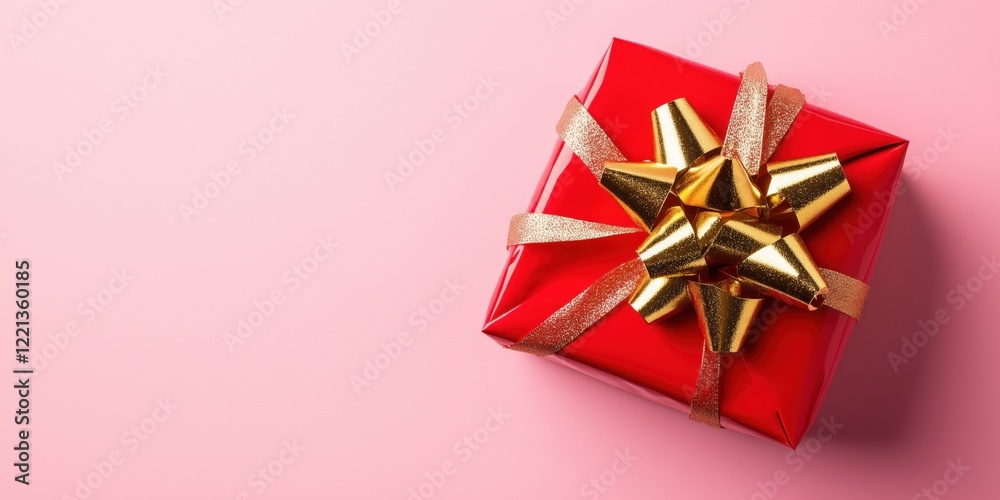 Bright red gift box with golden bow and ribbons on pink background, perfect for celebrations and special occasions Bright red gift box with golden bow and ribbons on pink background, perfect for celebrations and special occasions