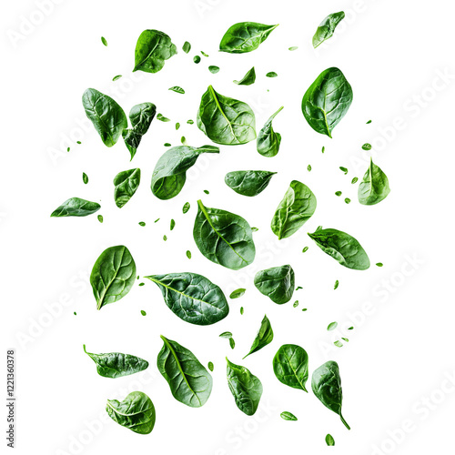 Fresh green spinach leaves floating in the air, isolated on a transparent background