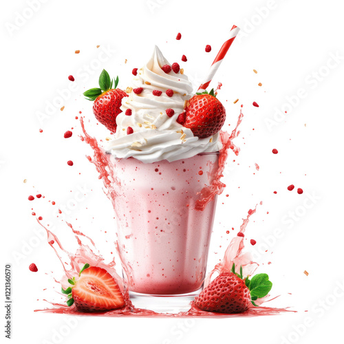 Refreshing strawberry milkshake with whipped cream and splashes on display