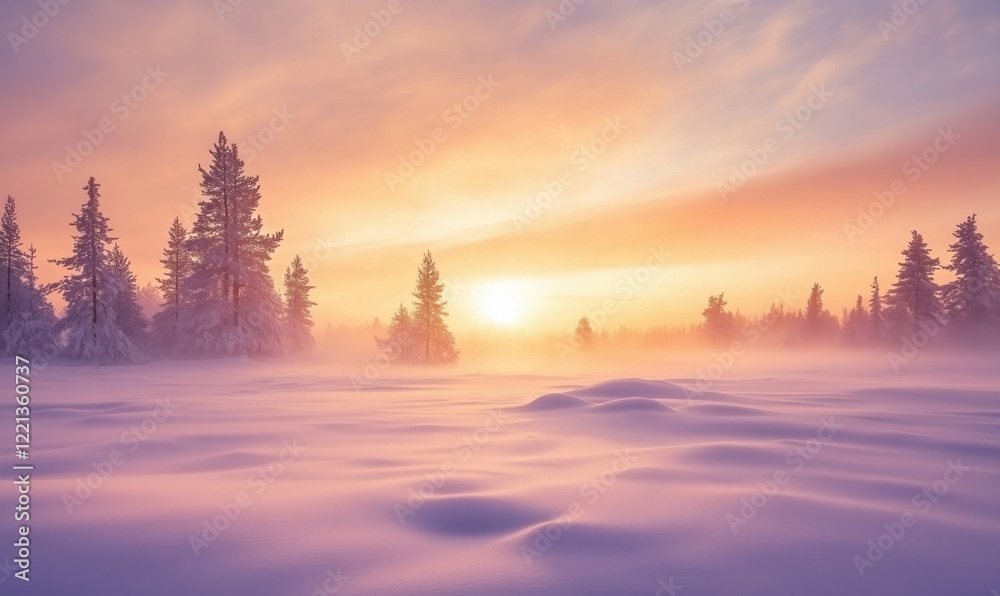 Winter sunrise over snowy landscape with mist and pine trees, soft pastel colors in the sky, serene and tranquil atmosphere Winter sunrise over snowy landscape with mist and pine trees, soft pastel colors in the sky, serene and tranquil atmosphere