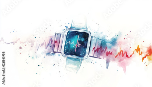 sleek smartwatch with heart rate monitor design, surrounded by colorful splashes