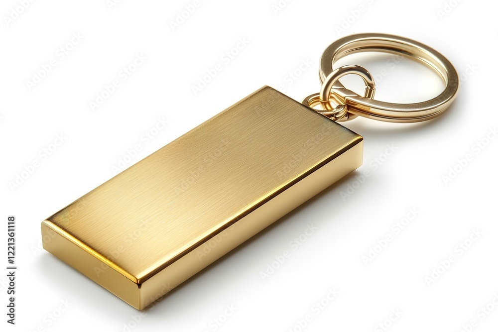 An lonely golden rectangular keychain made of metal on a white background, Generative AI.