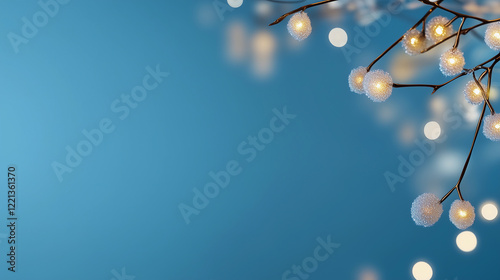Blue background with a tree branch with lights on it. Minimalistic background.