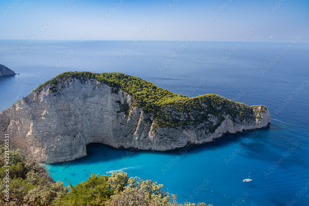 Naklejka premium Beautiful Navagio Beach captured from an elevated viewpoint on a sunny day