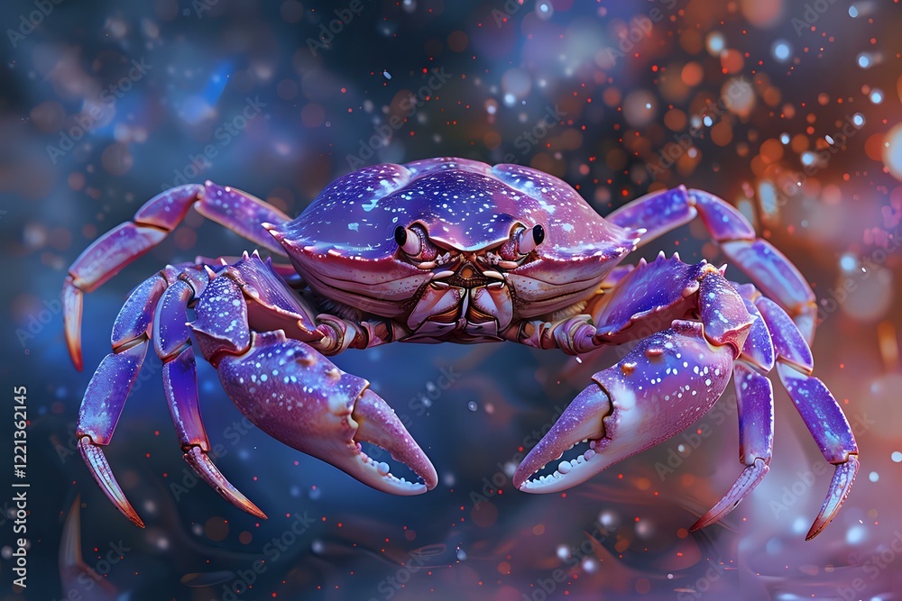 Mystical underwater scene with vibrant purple crab illuminated by neon lights against dark background with bokeh effects, perfect for ocean wildlife or marine life designs. Mystical underwater scene with vibrant purple crab illuminated by neon lights against dark background with bokeh effects, perfect for ocean wildlife or marine life designs.