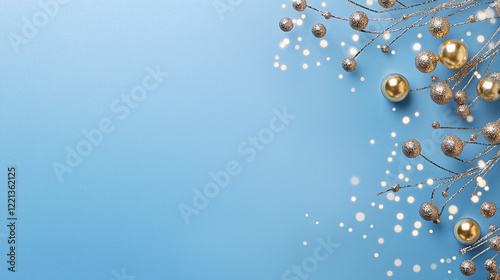 Blue background with a bunch of gold and silver balls. Minimalistic background.