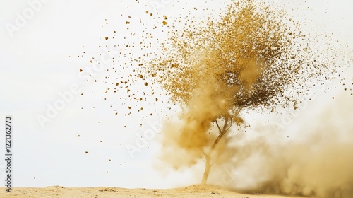 A lone tree amidst a swirling storm of sand with fine dust and particles flying away from it