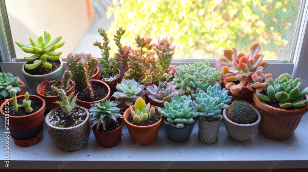 A Collection of Succulents on a Windowsill Basking in Sunlight A Collection of Succulents on a Windowsill Basking in Sunlight