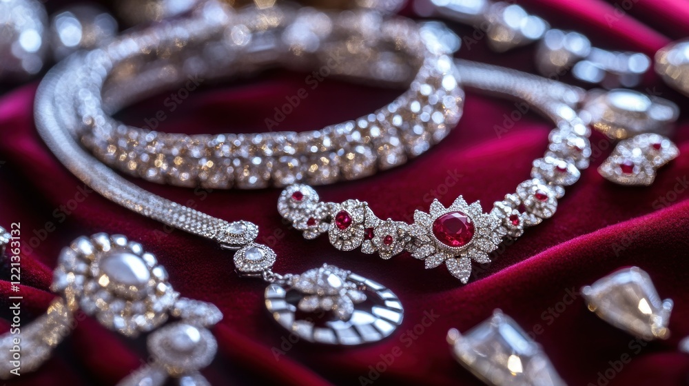 Elegant Diamond and Ruby Jewelry Set on Red Velvet Elegant Diamond and Ruby Jewelry Set on Red Velvet