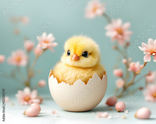 A cute small chick sitting in a cracked eggshell.