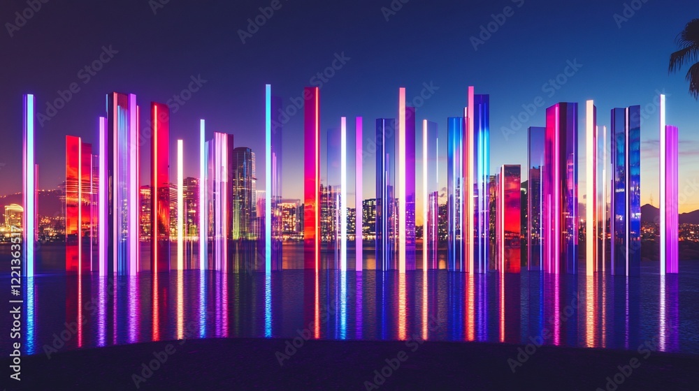 Abstract cityscape view with vibrant illuminated columns over water at dusk Abstract cityscape view with vibrant illuminated columns over water at dusk